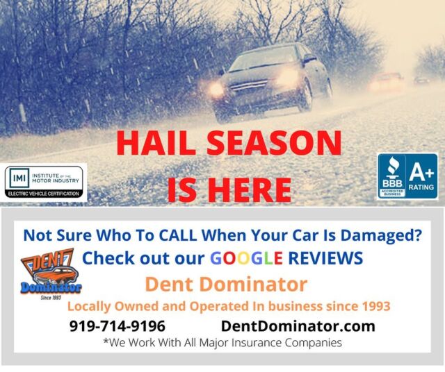It’s that time of year again- one minute it’s 85° and sunny and the next minute the sky opens up dropping hail all over your car. It comes and goes so quickly you didn’t even have time to move your car out of its path.
The damage is done. Now what?
The body shops fill up and backlog, the mobile storm chasers will canvas your neighborhoods looking to capitalize on the storm before they move onto the next one in another state.
In the meantime, we will be here, moving cars through our successfully proven process daily, working with your insurance, getting you in and out as quickly as possible: heck will probably even be doing the hail cars at the body shop you were thinking about having your car repaired at.
Locally owned and operated by husband and wife military vets starting our 30th year this July. 
We will be here long after everyone else has moved on and will be here for you every step of the way. Give us a call for a free estimate.
919-714-9196
Locally owned in Raleigh near the fairgrounds.
#dentdominator #hailstormraleigh #haildamagerepairraleigh #hailraleigh #hailstormcary #raleigh #raleighnc #cary #carync #apexnc #shoplocalraleigh #919 #wakecounty #wakecountync #trianglenc